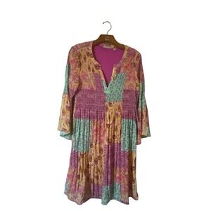 Sunny Leigh Patchwork Pastel Smocked With‎ Bell Sleeves Boho Style Size Med.